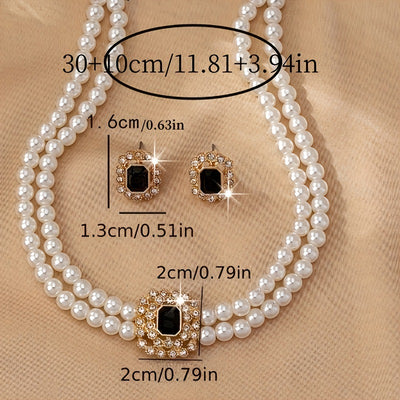 Stylish Elegant Double Row Pearl Square Diamond-studded Necklace Earings Set