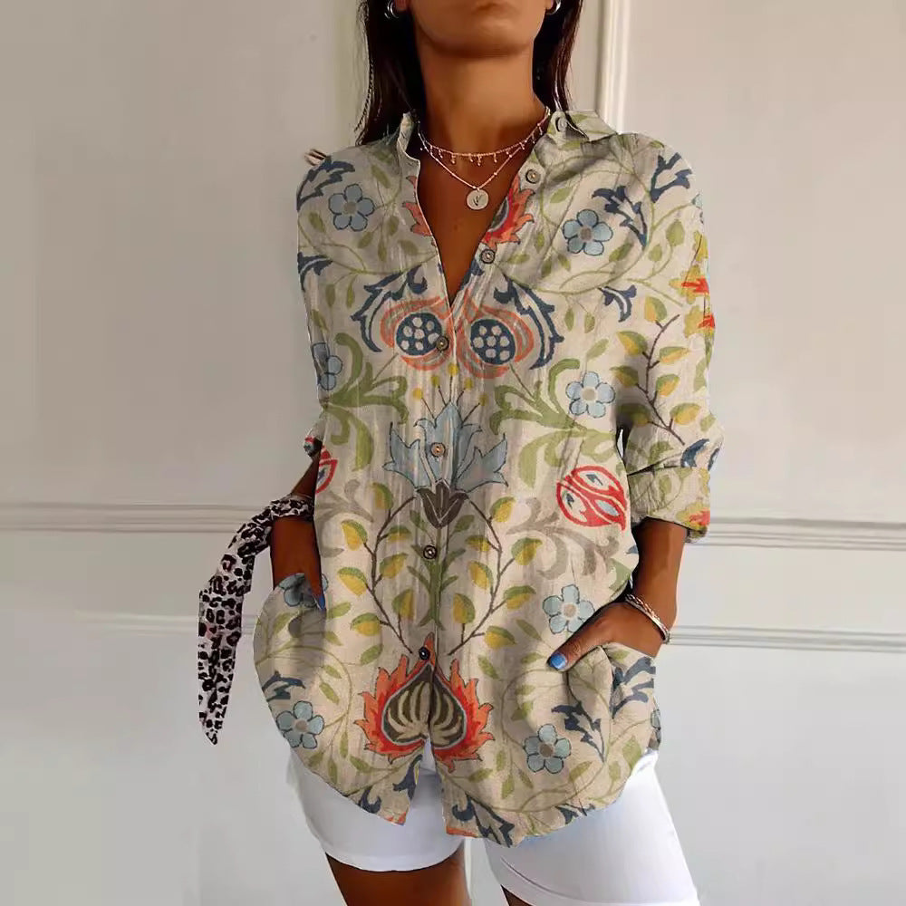 Flowers Print Long Sleeve Shirt Fashion Stand Collar Button Tops For Women Clothing