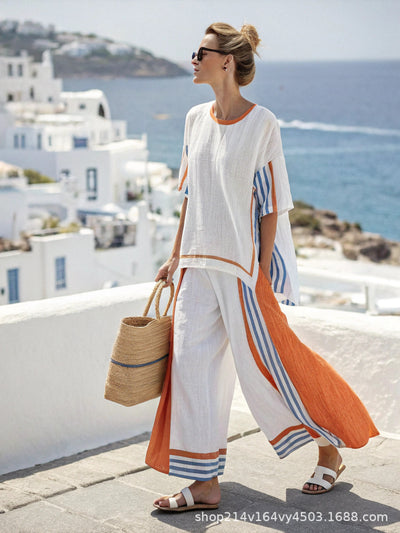 Summer Striped Suits Loose Batwing Sleeve T-shirt And Solid Straight-leg Pants