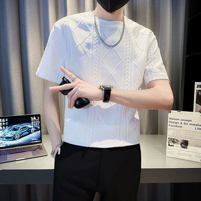 Rhombus Jacquard Personality Trend Summer Round Neck Half T-shirt