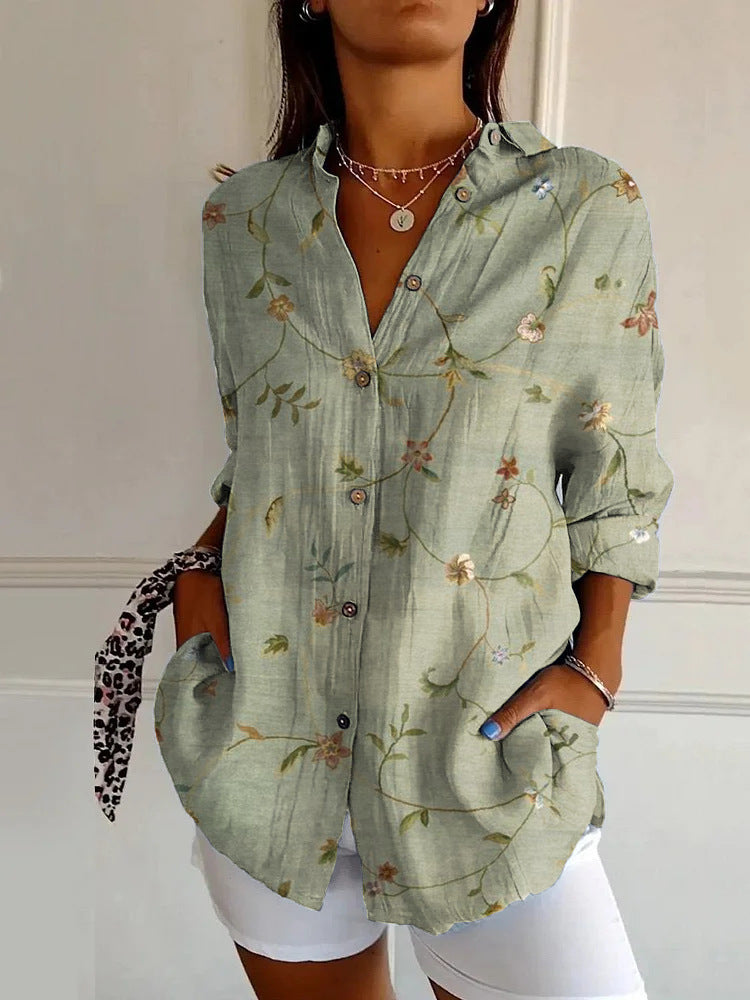 Flowers Print Long Sleeve Shirt Fashion Stand Collar Button Tops For Women Clothing