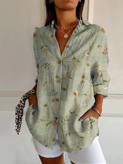 Flowers Print Long Sleeve Shirt Fashion Stand Collar Button Tops For Women Clothing