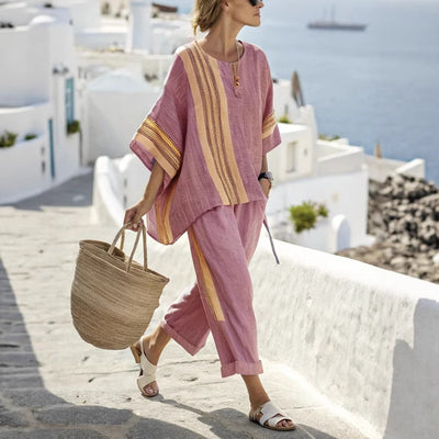 Summer Striped Suits Loose Batwing Sleeve T-shirt And Solid Straight-leg Pants
