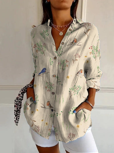 Flowers Print Long Sleeve Shirt Fashion Stand Collar Button Tops For Women Clothing