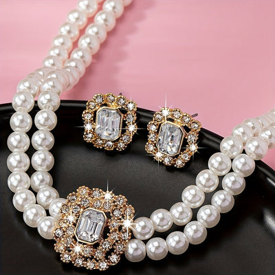 Stylish Elegant Double Row Pearl Square Diamond-studded Necklace Earings Set