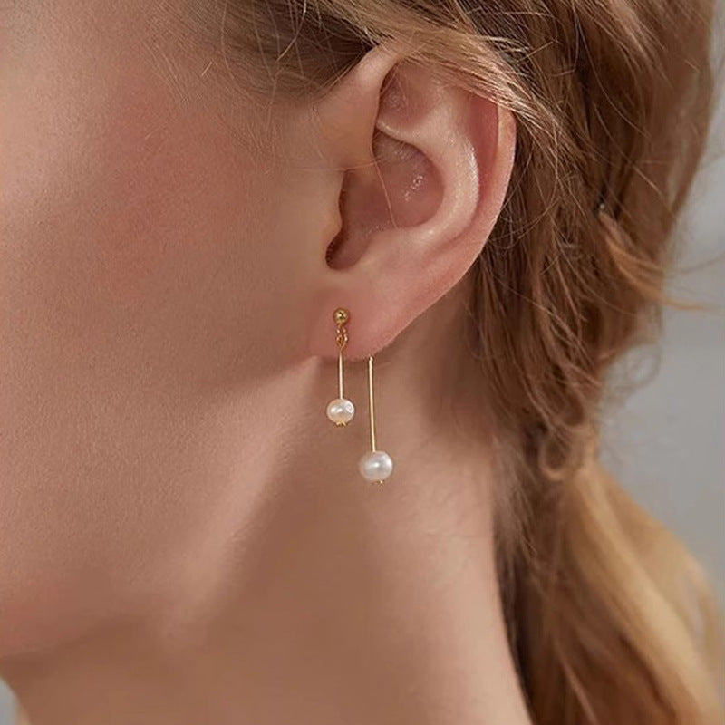 Natural Freshwater Pearl Double Eardrops Stud Earrings Stainless Steel