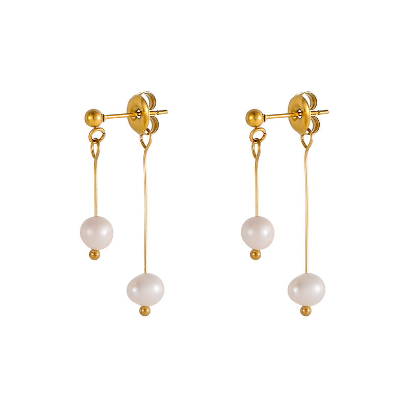 Natural Freshwater Pearl Double Eardrops Stud Earrings Stainless Steel