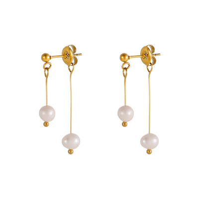 Natural Freshwater Pearl Double Eardrops Stud Earrings Stainless Steel
