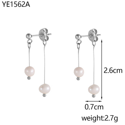Natural Freshwater Pearl Double Eardrops Stud Earrings Stainless Steel