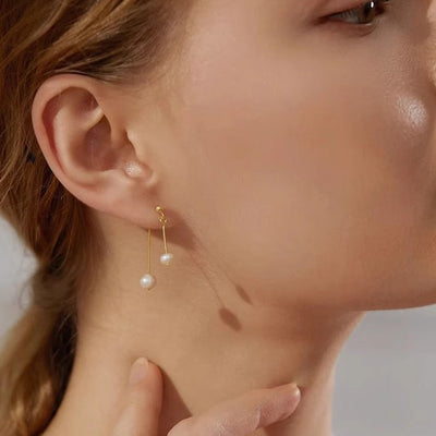 Natural Freshwater Pearl Double Eardrops Stud Earrings Stainless Steel