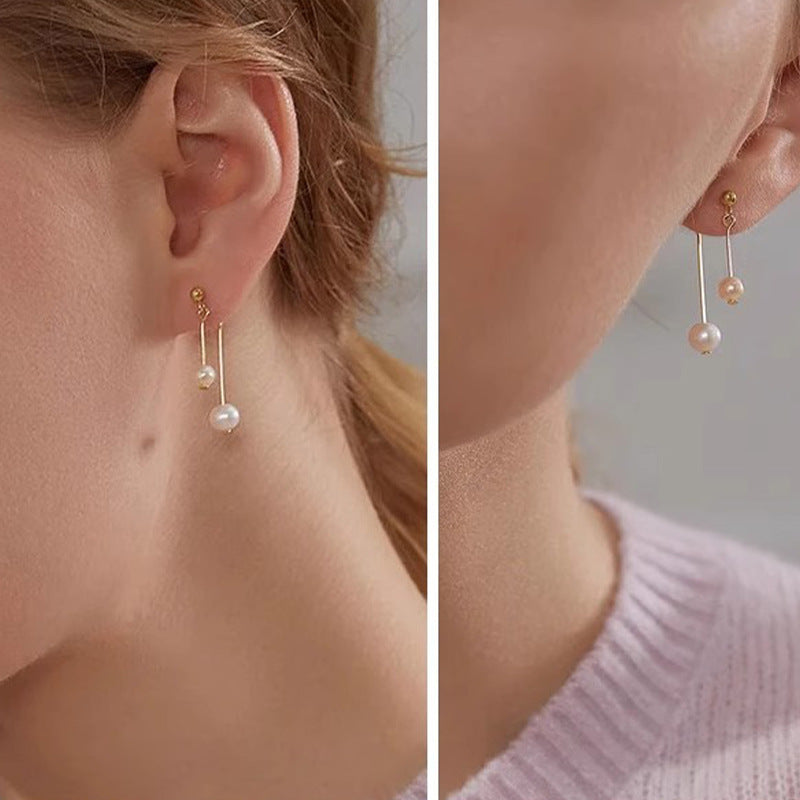 Natural Freshwater Pearl Double Eardrops Stud Earrings Stainless Steel