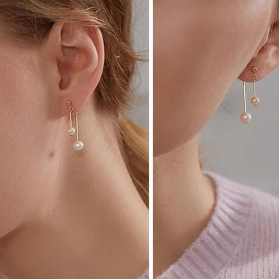 Natural Freshwater Pearl Double Eardrops Stud Earrings Stainless Steel