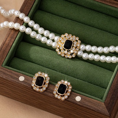 Stylish Elegant Double Row Pearl Square Diamond-studded Necklace Earings Set