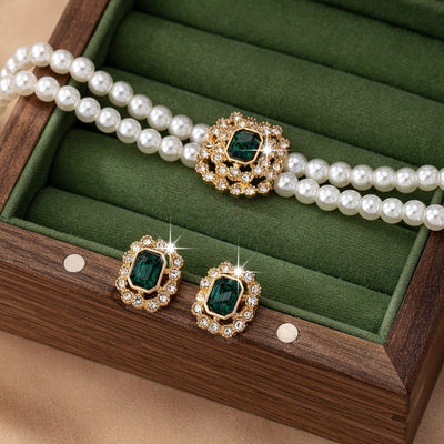 Stylish Elegant Double Row Pearl Square Diamond-studded Necklace Earings Set