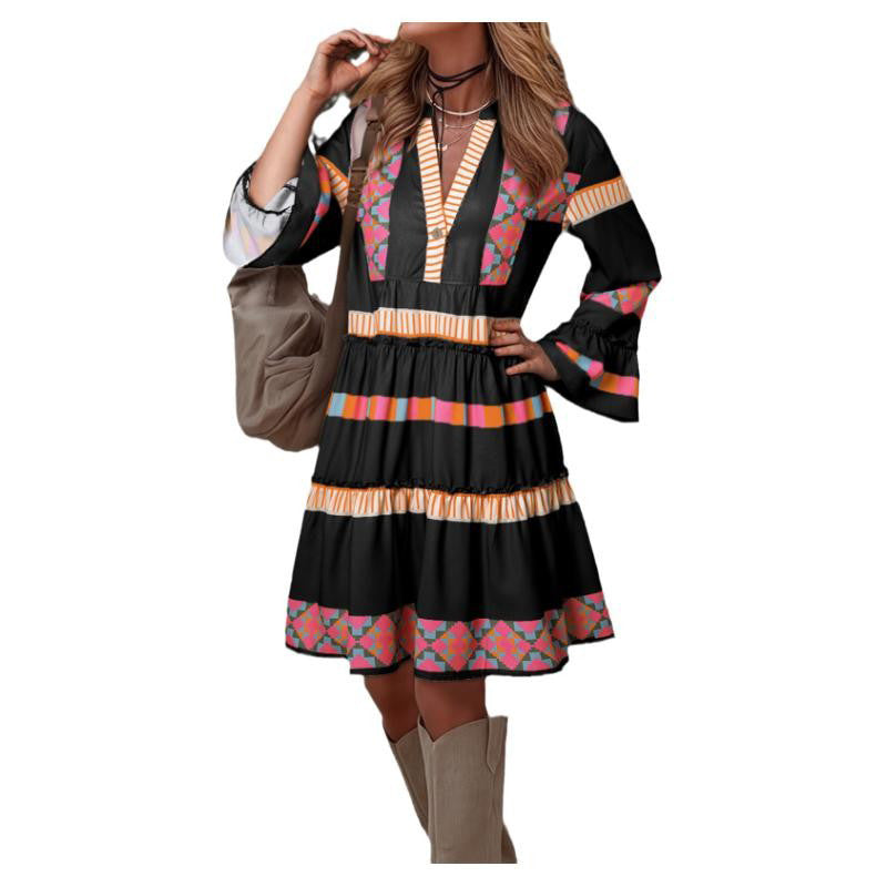 Fashion Print V-neck Dress Summer Ruffle Three Quarter Sleeve Dresses For Women Clothing