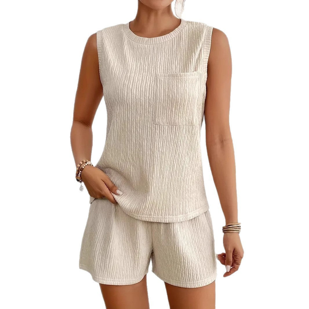 Solid Color Sleeveless Round Neck Vest Shorts Set