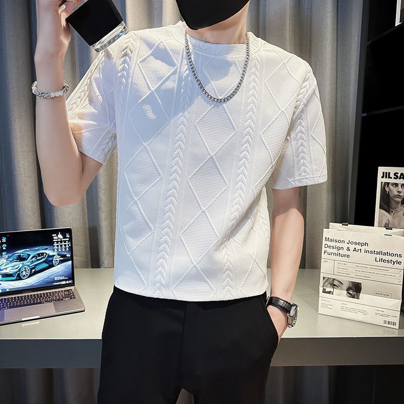 Rhombus Jacquard Personality Trend Summer Round Neck Half T-shirt